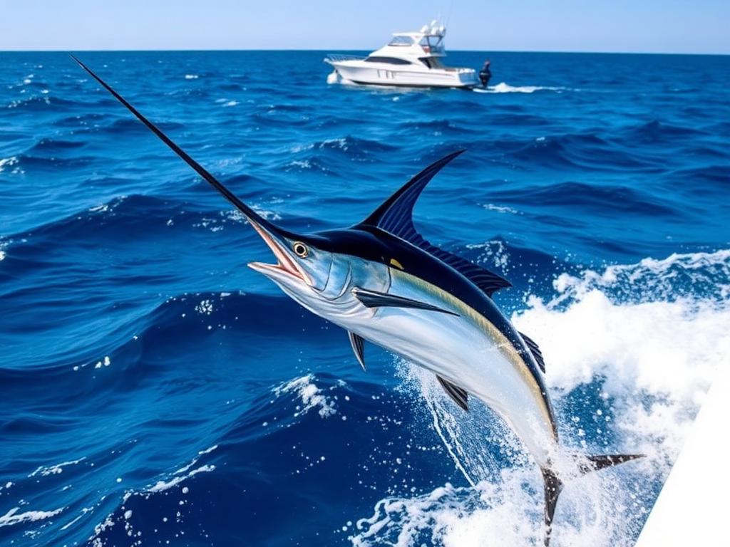 Marlin leaping next to a sport fishing yacht trolling off Malta