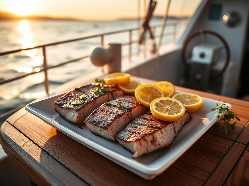 Freshly caught tuna prepared sashimi-style on the deck of a Malta charter