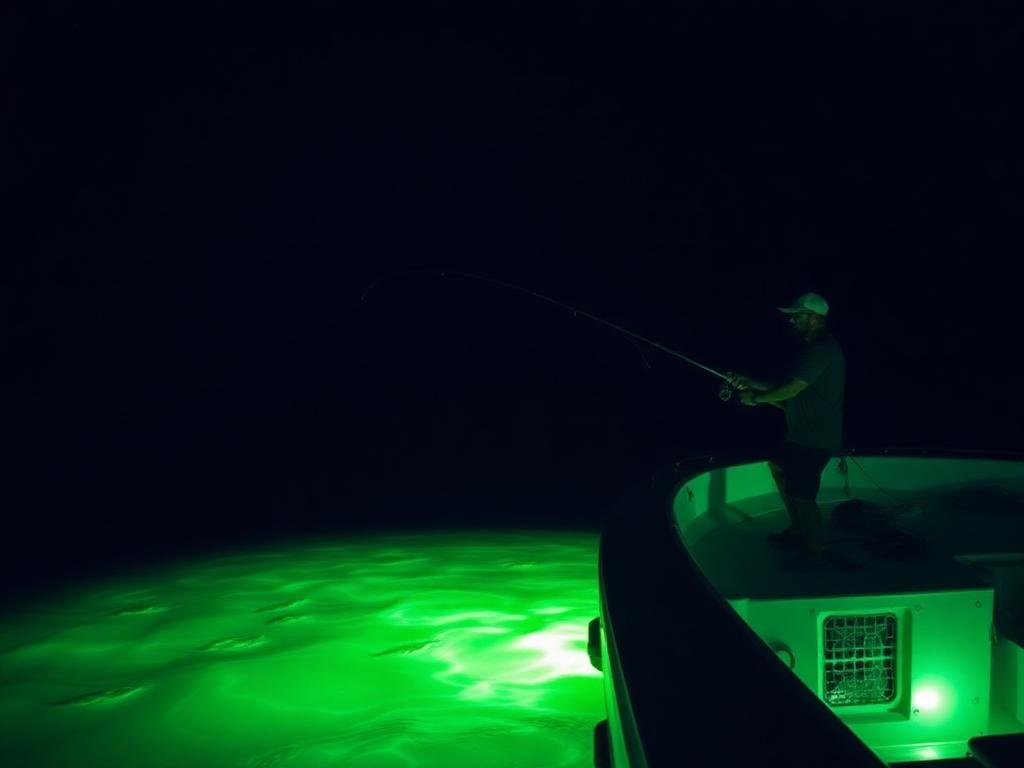 Night squid fishing on a Maltese boat with green underwater LED lights